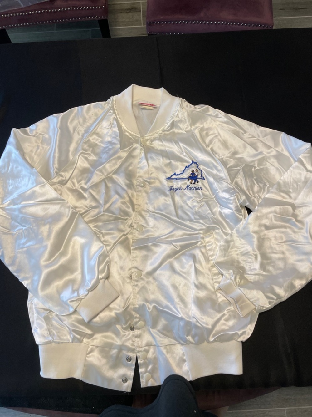 VTG White Satin Bomber Jacket Blue Embroidered Logo cowboy western square dance